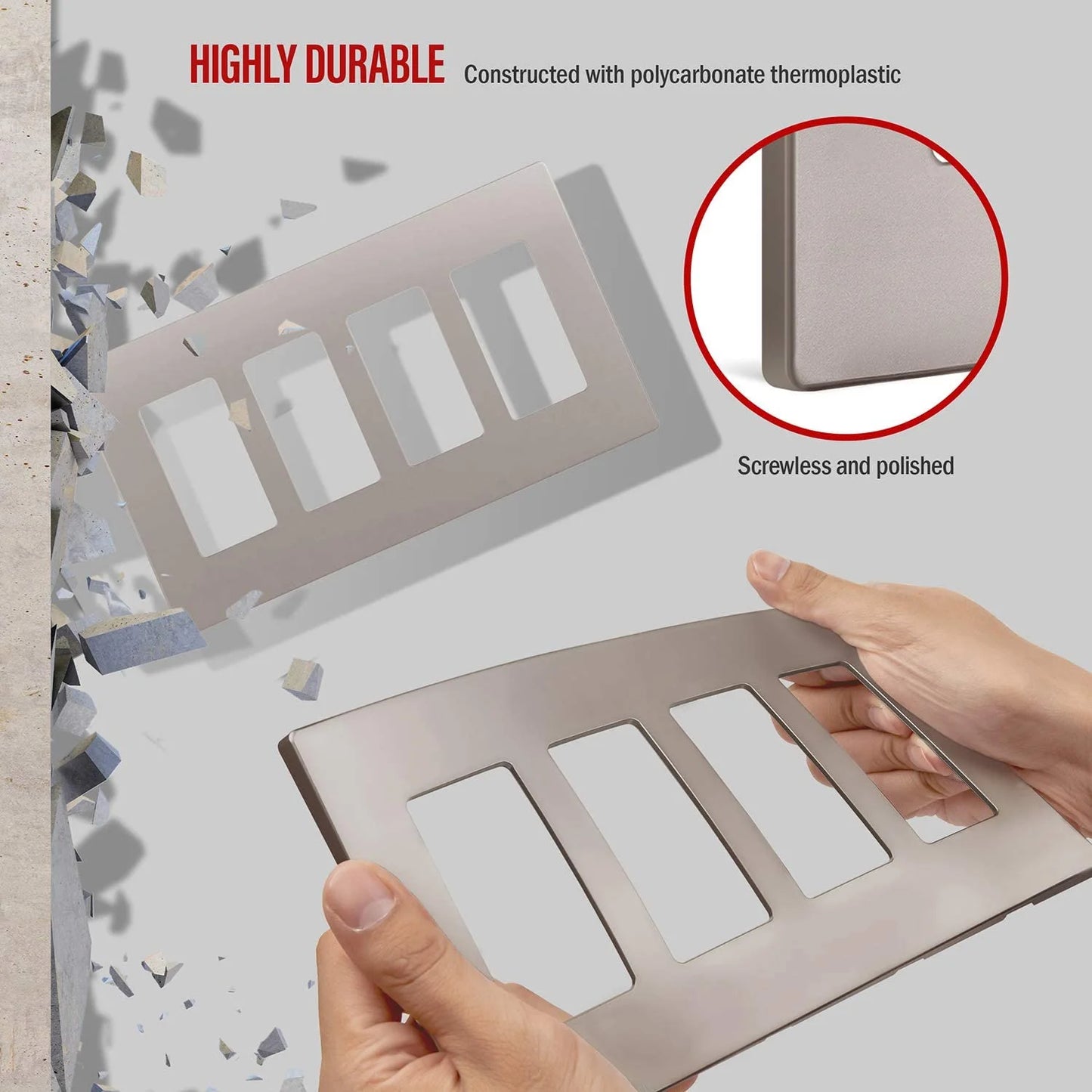 Screwless Decorator Four-Gang Wall Plate Nickel Finish
