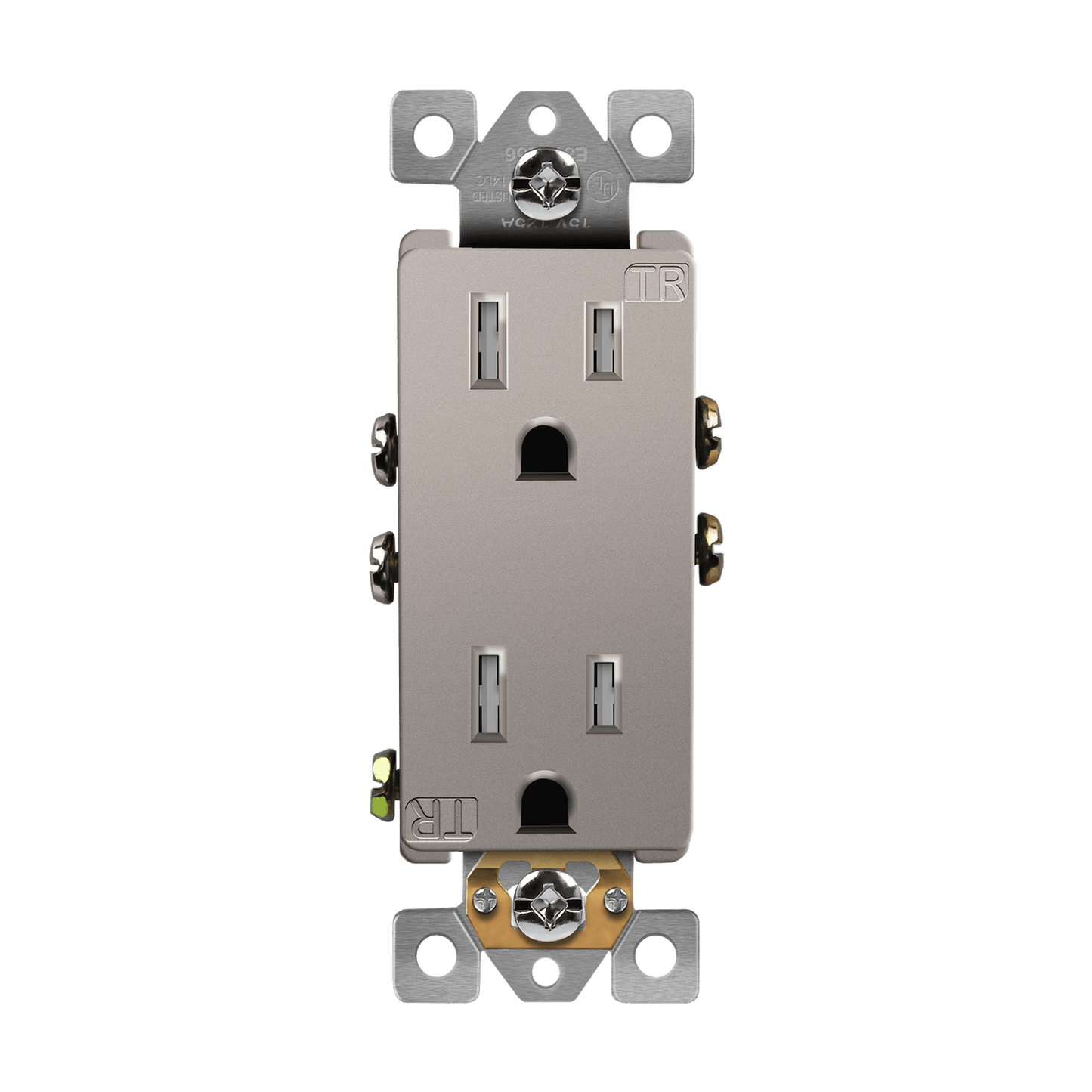 Self-Grounding 15A Tamper-Resistant Decorator Duplex Receptacle Nickel Finish