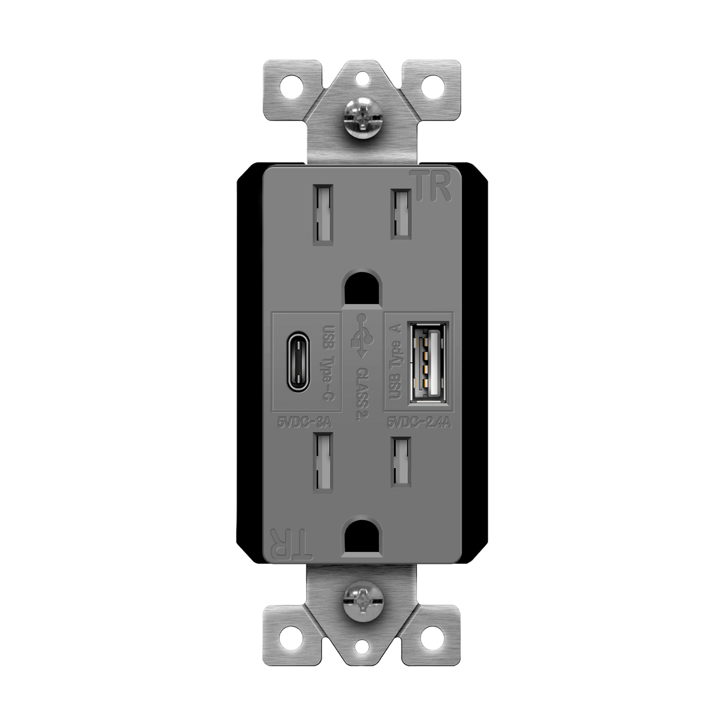 USB Wall Outlet, USB-C and USB-A, 5.8amps, Tamper-Resistant Decorator 15A Duplex Receptacles Matte Gray Finish