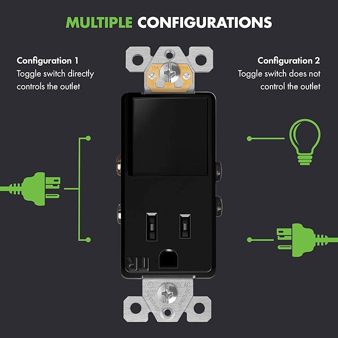 Combination 15A Switch/Tamper-Resistant Decorator Receptacle Single Pole Glossy Black Finish