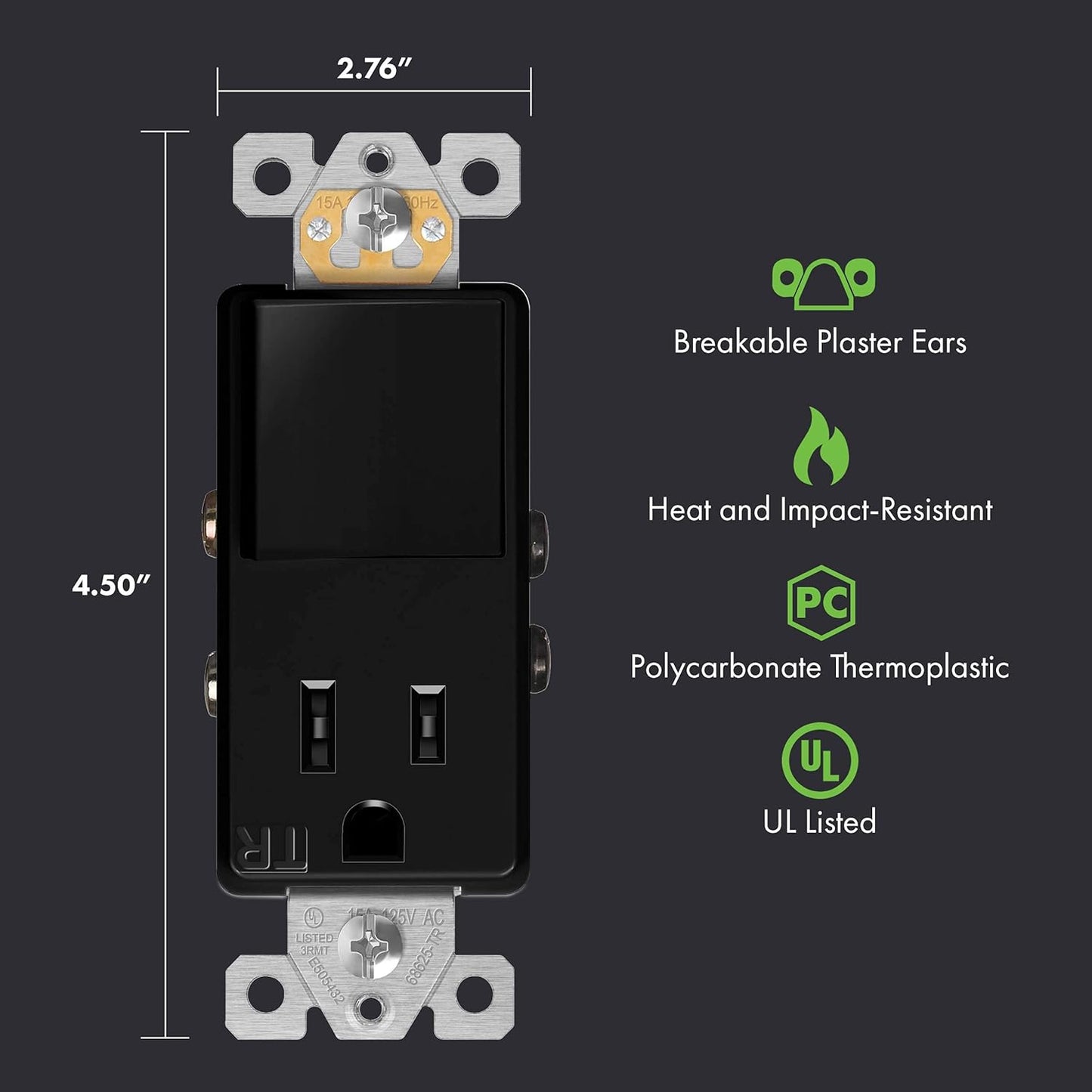 Combination 15A Switch/Tamper-Resistant Decorator Receptacle Single Pole Glossy Black Finish