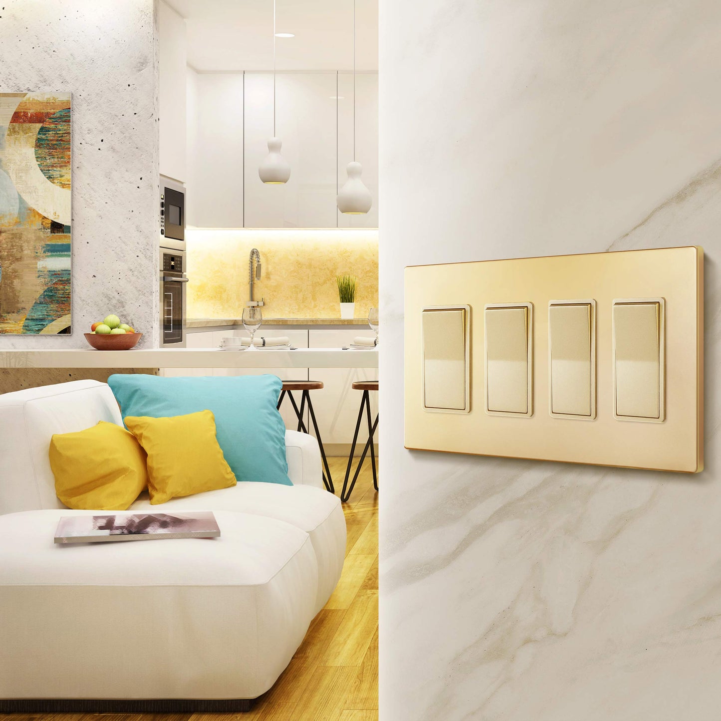 Screwless Decorator Four-Gang Wall Plate Gold Finish