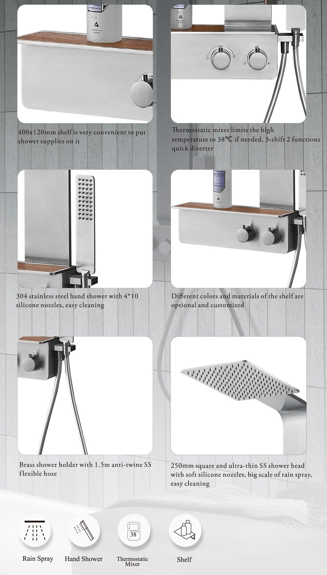 Thermostatic Stainless Steel Wall Hung Shower Column System Matte White Finish