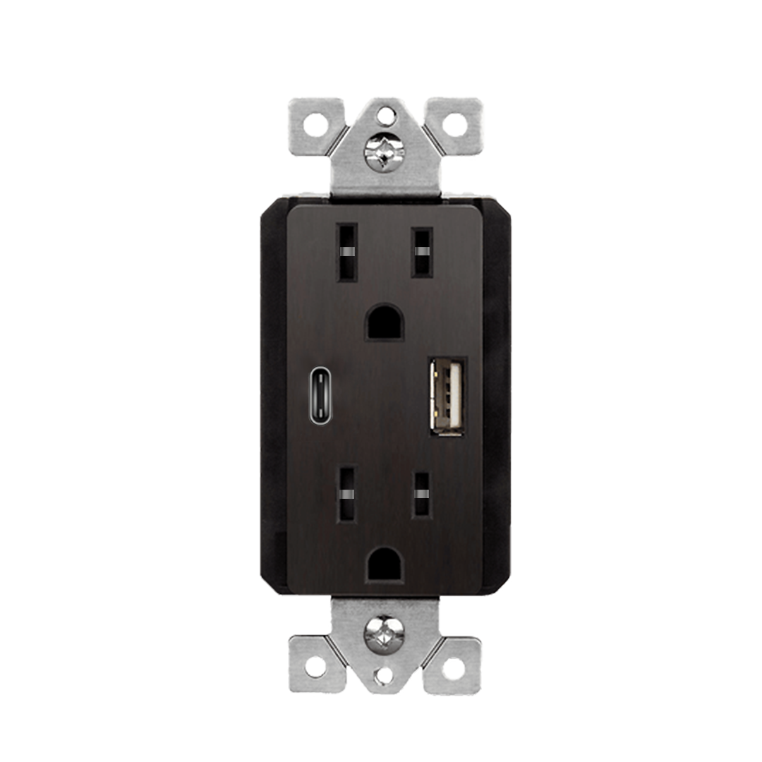 USB Wall Outlet, USB-C and USB-A, 3.6amps, Tamper-Resistant 15A Decorator Duplex Receptacles Dark Bronze Finish