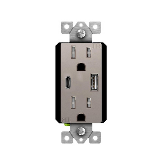 USB Wall Outlet, USB-C and USB-A, 3.6amps, Tamper-Resistant 15A Decorator Duplex Receptacles Nickel Finish