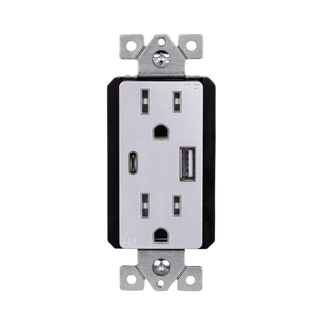 USB Wall Outlet, USB-C and USB-A, 3.6amps, Tamper-Resistant 15A Decorator Duplex Receptacles Silver Finish