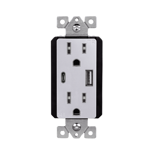 USB Wall Outlet, USB-C and USB-A, 3.6amps, Tamper-Resistant 15A Decorator Duplex Receptacles Silver Finish