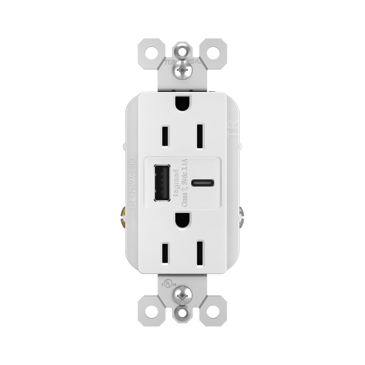 15A Tamper-Resistant Decorator USB Type A/C Outlet Matte White Finish