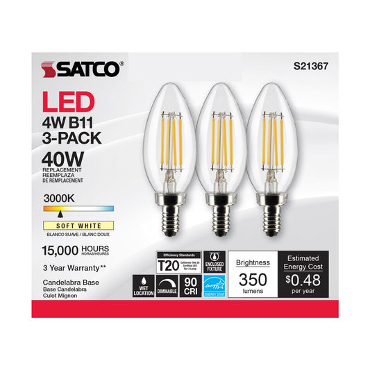 LED 3 Pack B11 4.5W Clear/ Dimmable 120 Volt/ E12 Candelabra base/ 350 Lumens/ 3000K