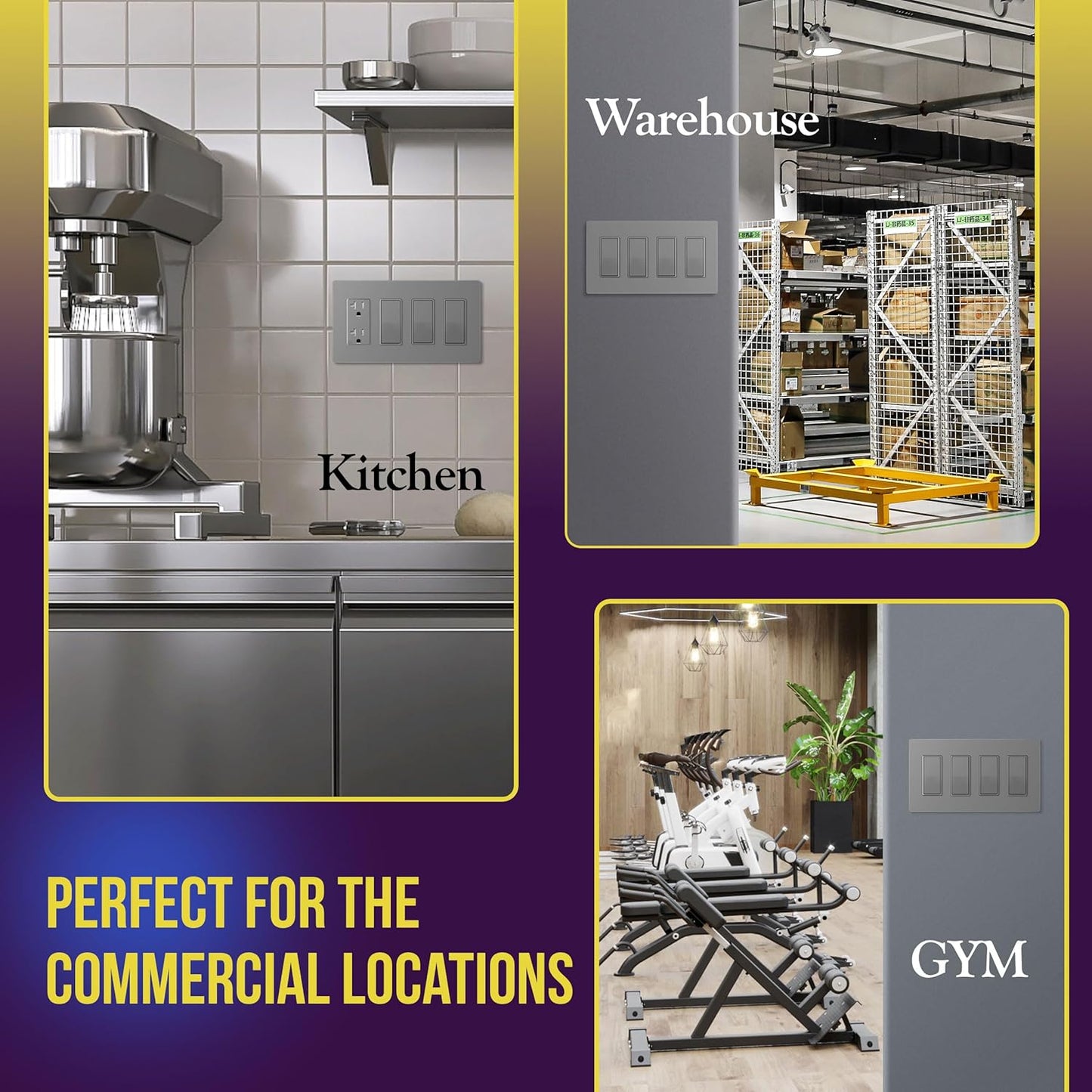 Screwless Decorator Four-Gang Wall Plate Glossy Gray Finish