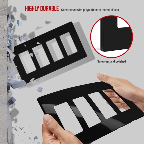 Screwless Decorator Four-Gang Wall Plate Glossy Black Finish
