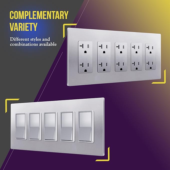 Screwless Decorator Five-Gang Wall Plate Silver Finish