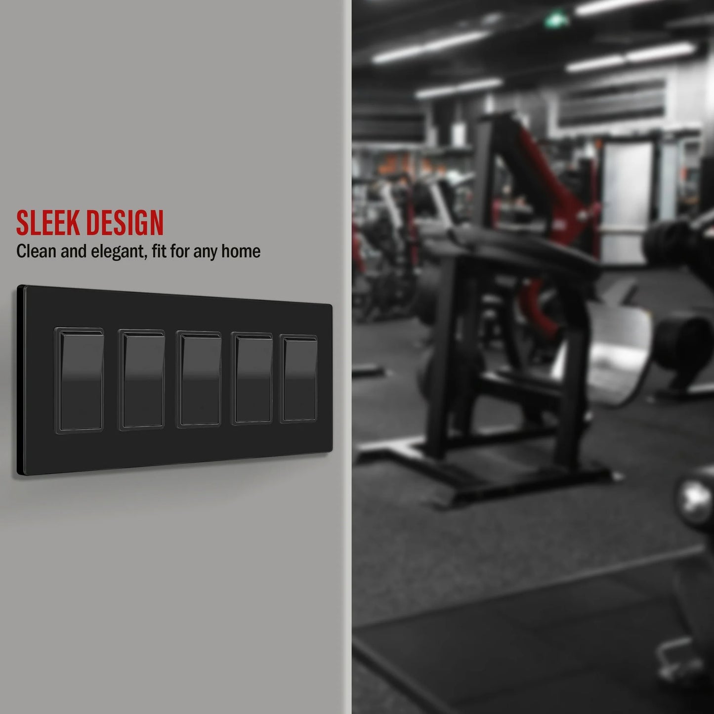 Screwless Decorator Five-Gang Wall Plate Glossy Black Finish