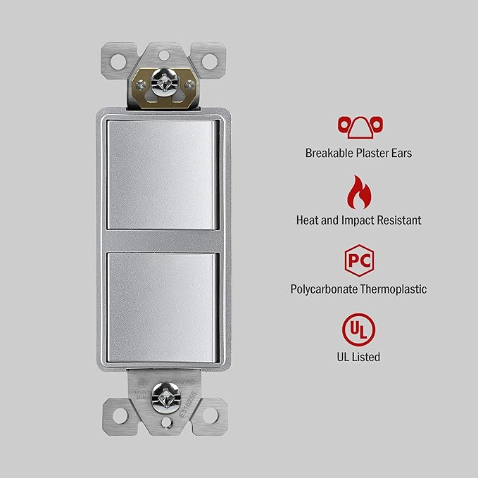 Two Single Pole Decorator Switches Combination Device Silver Finish