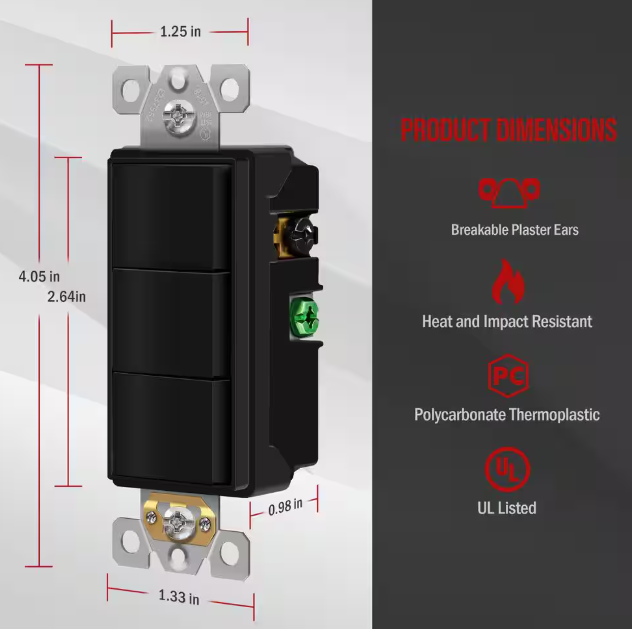 Triple Rocker Decorator Switches Combination Device Glossy Black Finish