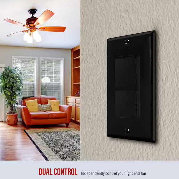 Two Single Pole Decorator Switches Combination Device Glossy Black Finish