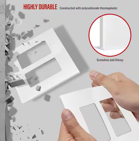 Screwless Decorator Two-Gang Wall Plate Glossy White Finish