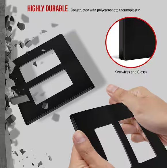 Screwless Decorator Two-Gang Wall Plate Glossy Black Finish