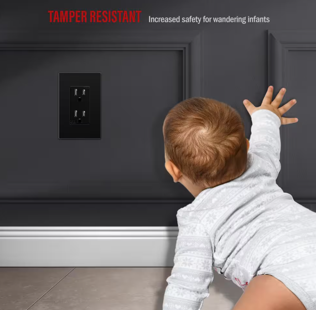 Self-Grounding 15A Tamper-Resistant Decorator Duplex Receptacle Glossy Black Finish