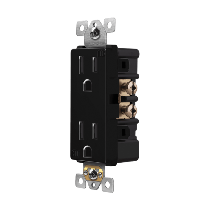 Self-Grounding 15A Tamper-Resistant Decorator Duplex Receptacle Glossy Black Finish