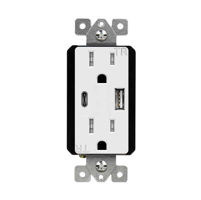 USB Wall Outlet, USB-C and USB-A, 3.6amps, Tamper-Resistant Decorator 15A Duplex Receptacles Glossy White Finish