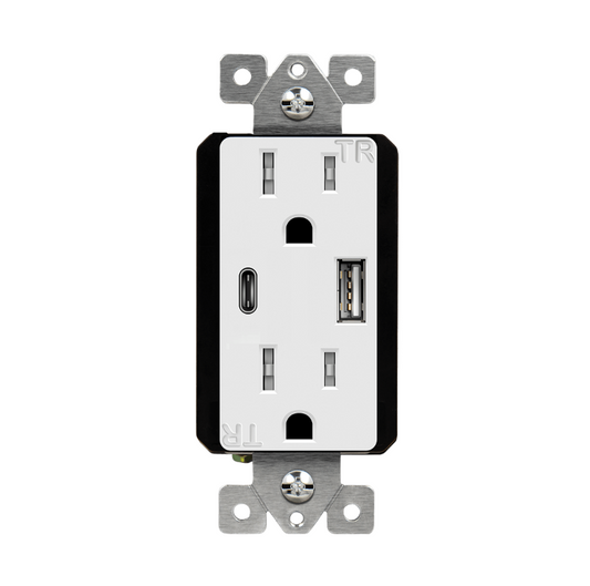 USB Wall Outlet, USB-C and USB-A, 3.6amps, Tamper-Resistant Decorator 15A Duplex Receptacles Glossy White Finish