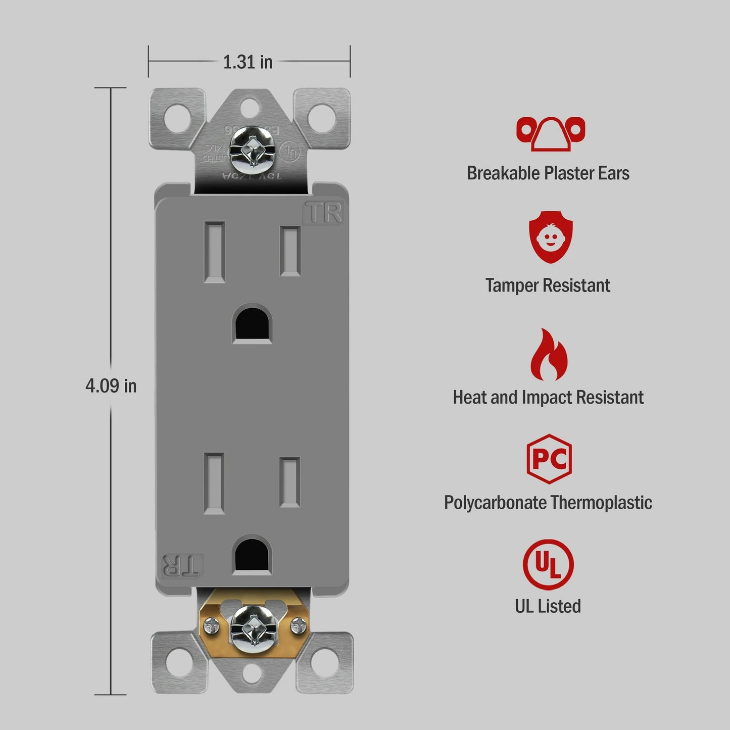 Self-Grounding 15A Tamper-Resistant Decorator Duplex Receptacle Glossy Gray Finish
