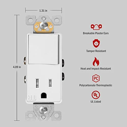 Combination 15A Switch/Tamper-Resistant Decorator Receptacle Single Pole Glossy White Finish