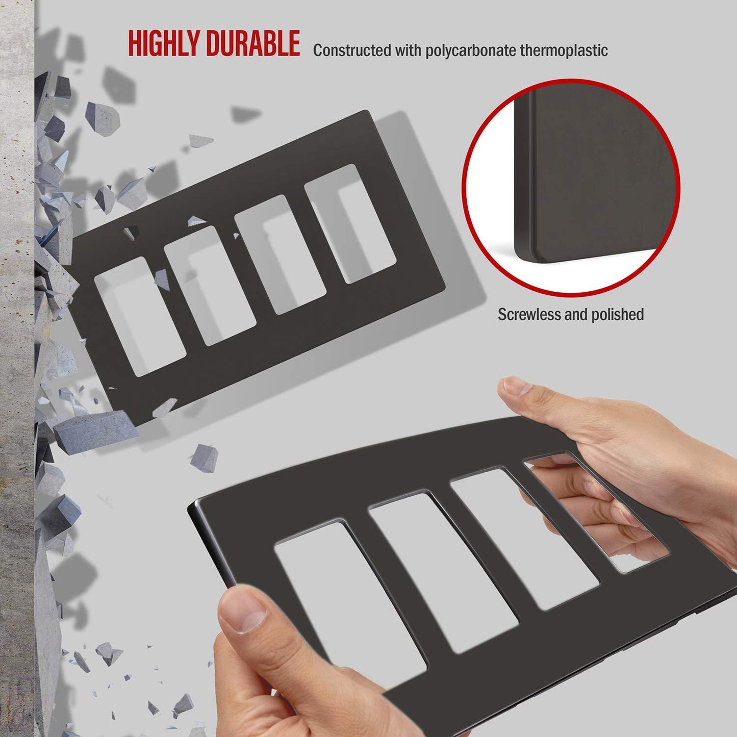 Screwless Decorator Four-Gang Wall Plate Dark Bronze Finish