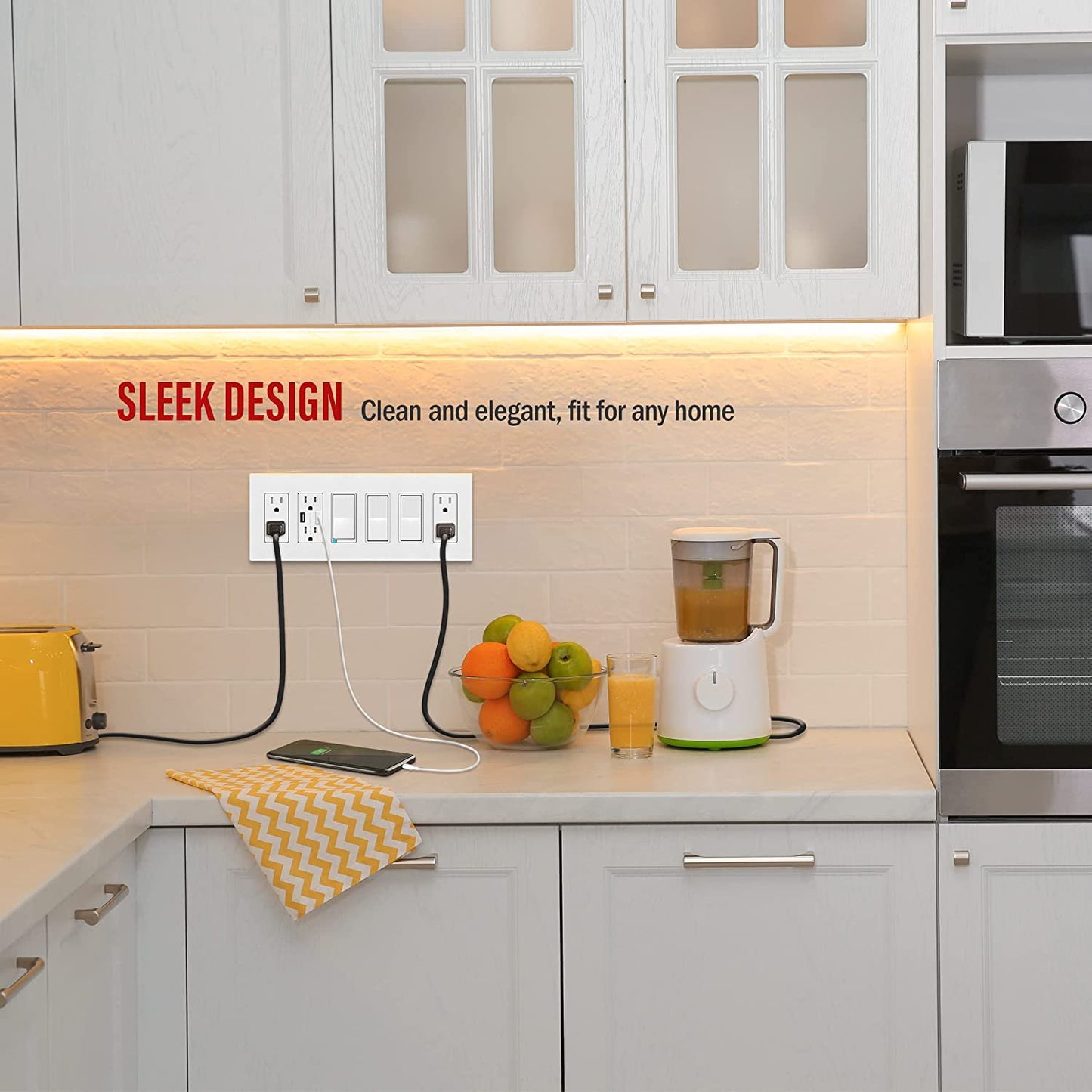 Screwless Decorator Six-Gang Wall Plate Glossy White Finish