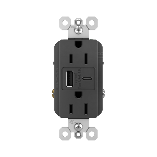 15A Tamper-Resistant Decorator USB Type A/C Outlet Matte Black Finish