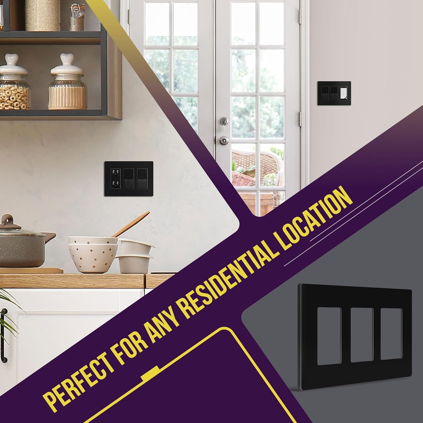 Screwless Decorator Three-Gang Wall Plate Glossy Black Finish