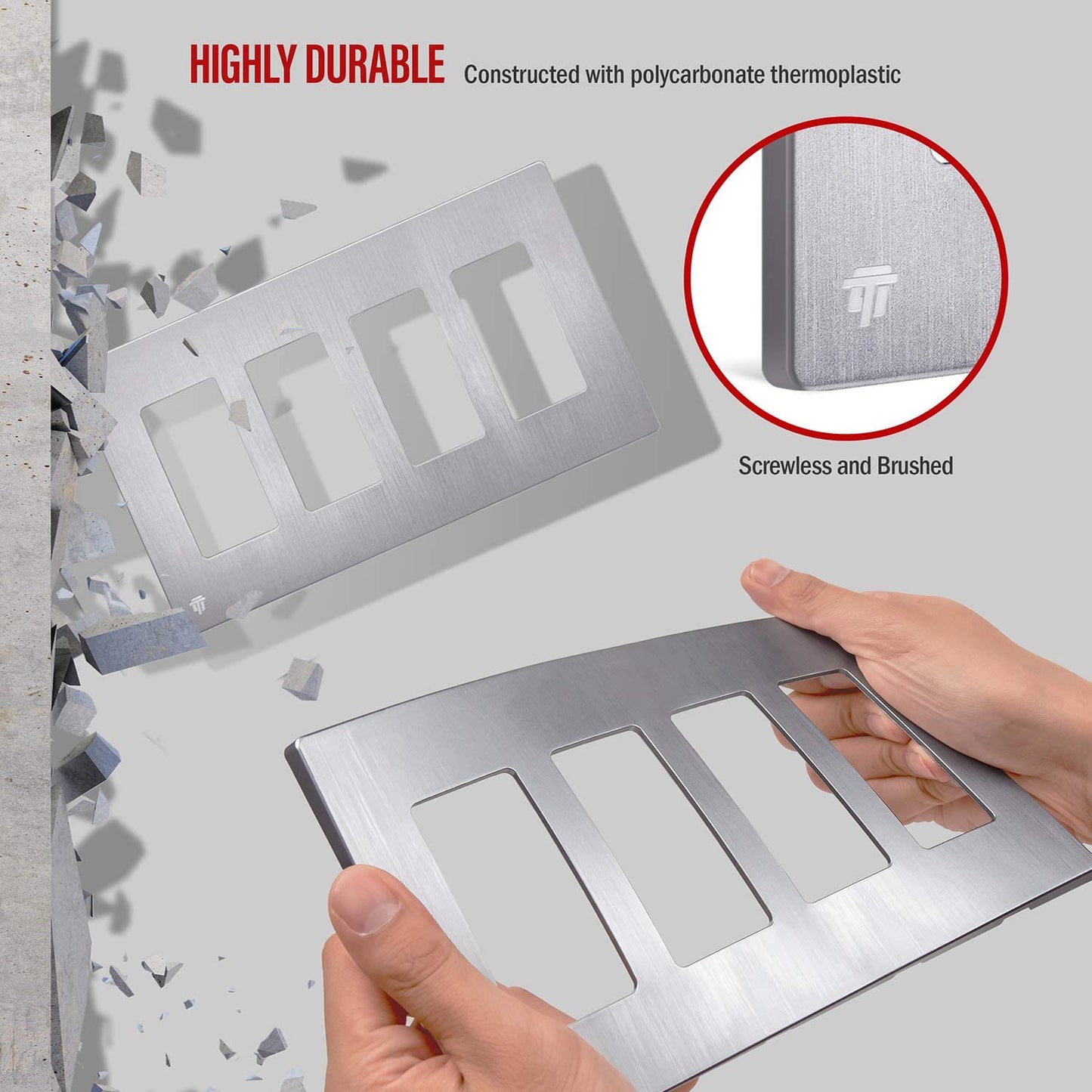 Screwless Decorator Four-Gang Wall Plate Silver Finish