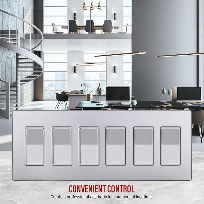 Screwless Decorator Six-Gang Wall Plate Silver Finish