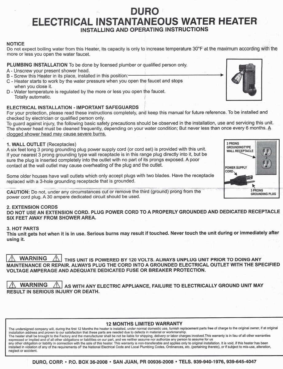 DUROMATIC ELECTRIC SHOWER WATER HEATER 110V HIGH PRESSURE IMPEC