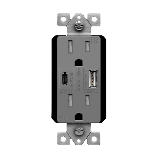 USB Wall Outlet, USB-C and USB-A, 5.8amps, Tamper-Resistant Decora 15A Duplex Receptacles Matte Gray Finish