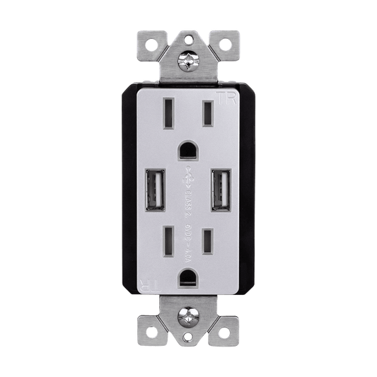 Dual USB Type-A Charger 3.1A with 15A Tamper-Resistant Decora Receptacles Silver Finish