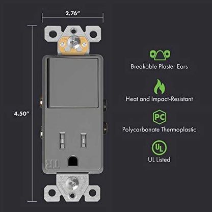 Combination 15A Switch/Tamper-Resistant Decora Receptacle Single Pole Glossy Gray Finish