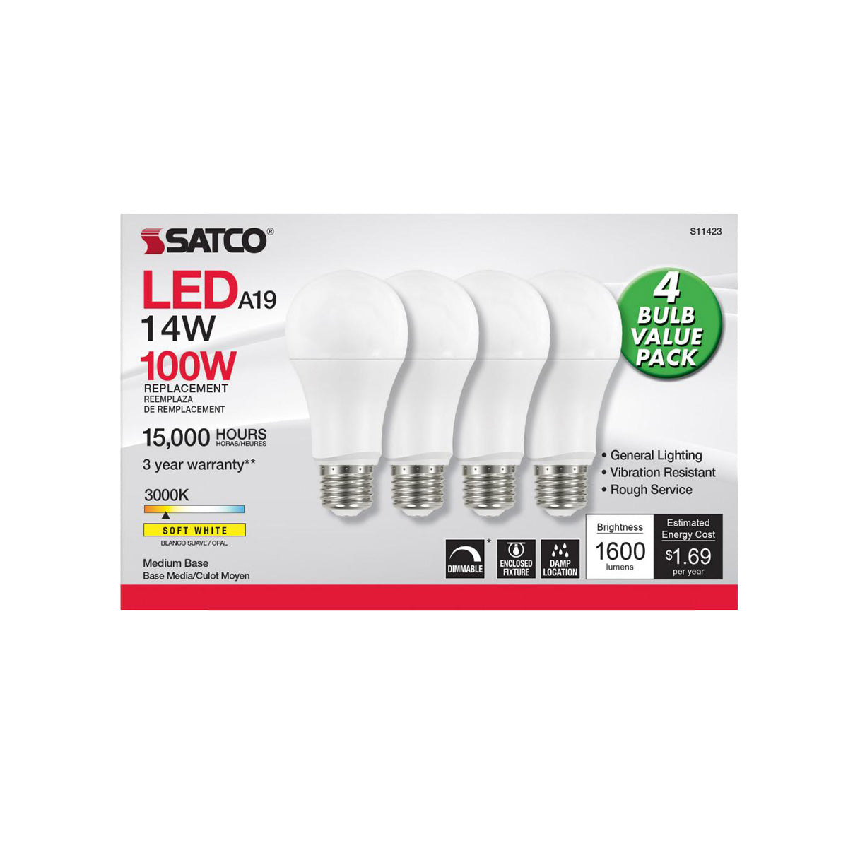 LED 4 Pack A19 14W Frost/ Dimmable 120 Volt/ E26 Medium/ 1600 Lumens/ 3000K