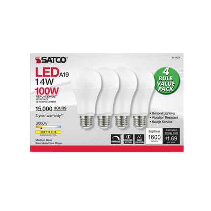 LED 4 Pack A19 14W Frost/ Dimmable 120 Volt/ E26 Medium/ 1600 Lumens/ 3000K