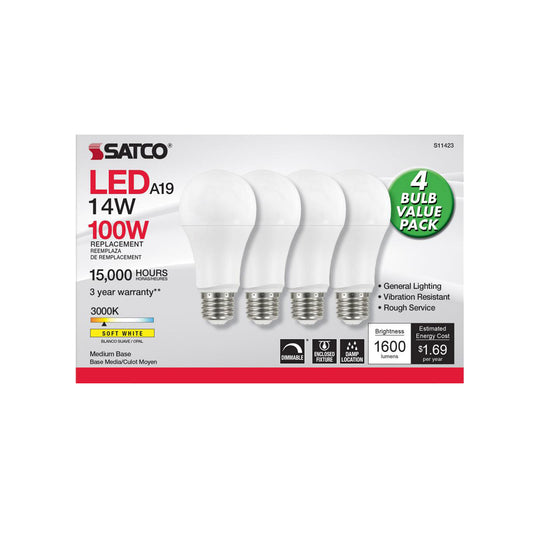 LED 4 Pack A19 14W Frost/ Dimmable 120 Volt/ E26 Medium/ 1600 Lumens/ 3000K