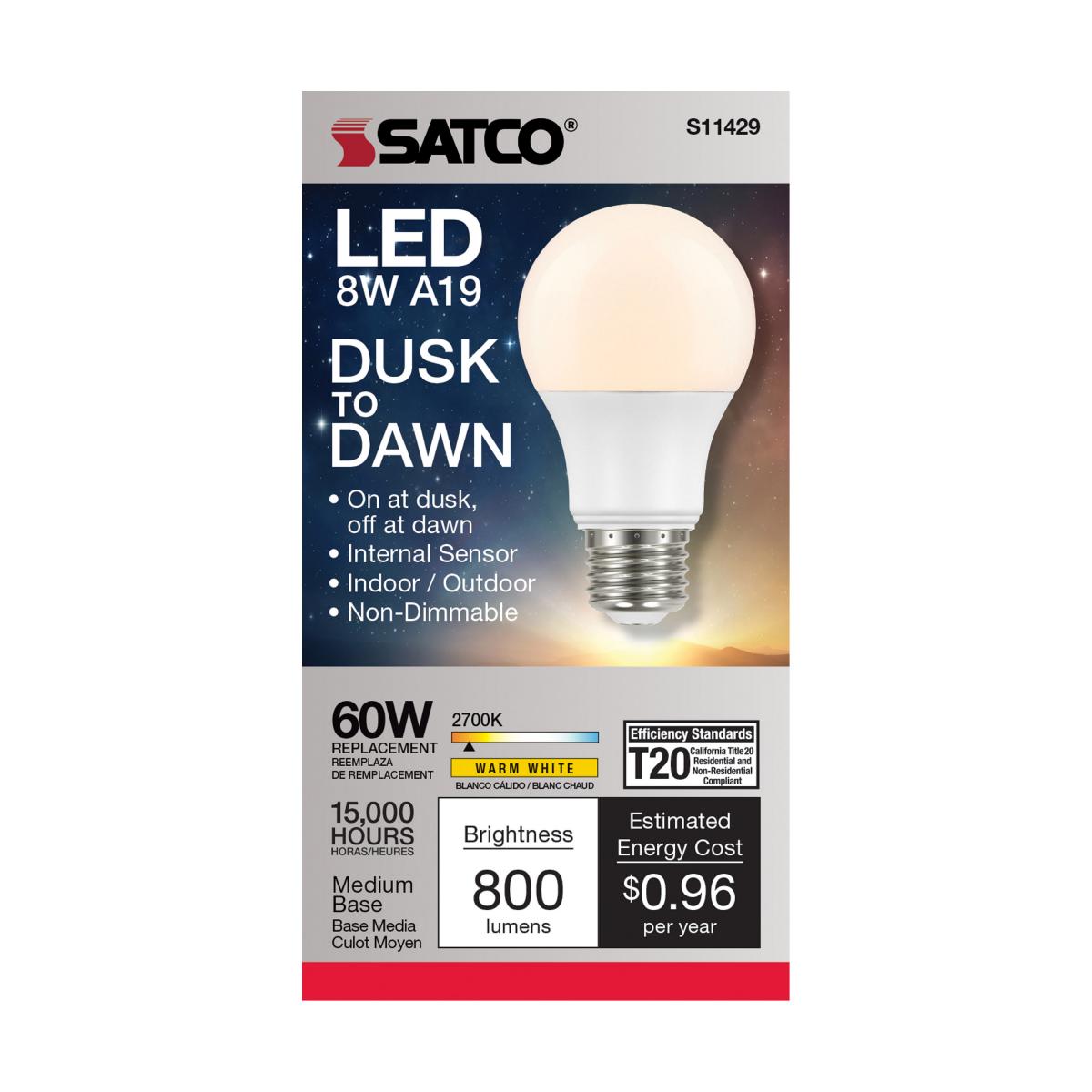 LED A19 8.5W White/ Non-Dimmable 120 Volt/ Dusk to Dawn/ E26 Medium base/ 800 Lumens