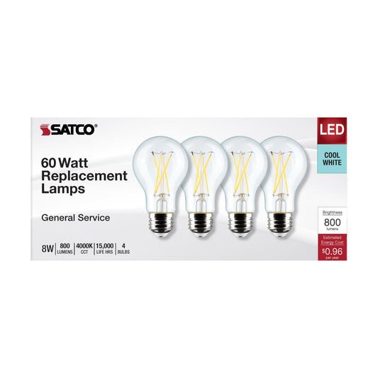 LED 4 Pack A19 8W Clear/ Dimmable 120V/ E26 Medium Base/ 800 Lumens