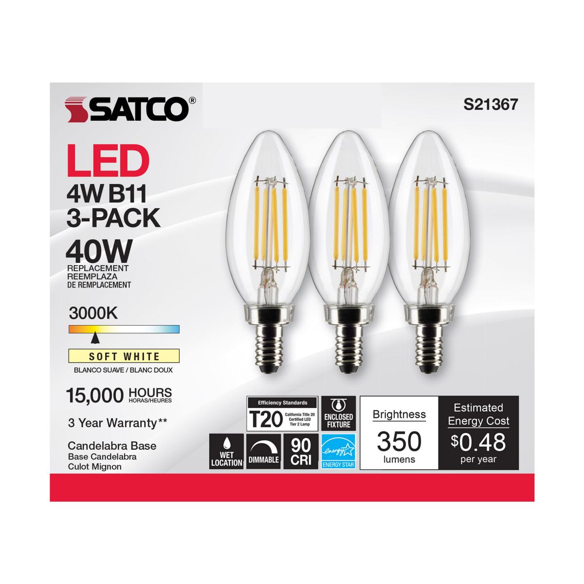 LED 3 Pack B11 4.5W Clear/ Dimmable 120 Volt/ E12 Candelabra base/ 350 Lumens/ 3000K