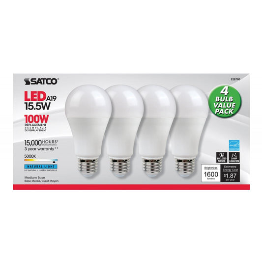 LED 4 Pack A19 15.5 W Frost/ Non-Dimmable 120V/ E26 Medium Base/ 1600 Lumens/ 5000K