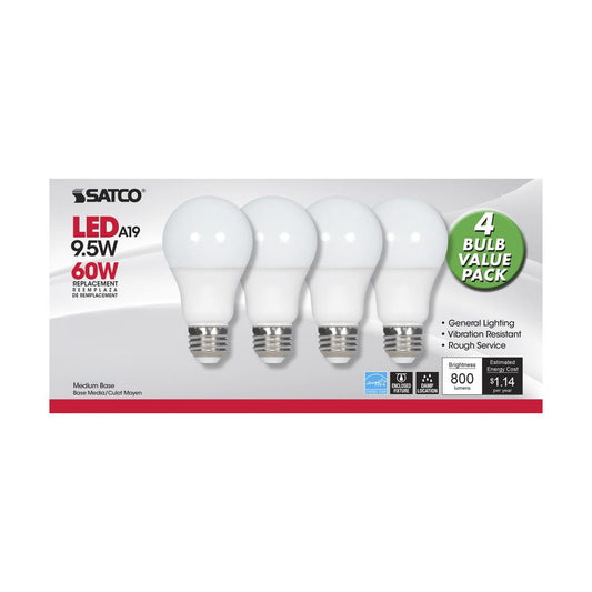 LED 4 Pack A19 9.5 W Frost/ Non-Dimmable 120 Volt/ E26 Medium Base/ 800 Lumens