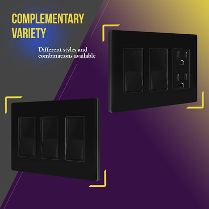 Screwless Decora Three-Gang Wall Plate Glossy Black Finish