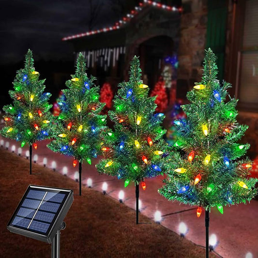 Solar One-to-Four Christmas Trees + Strawberry Light String RGB Set 4pcs