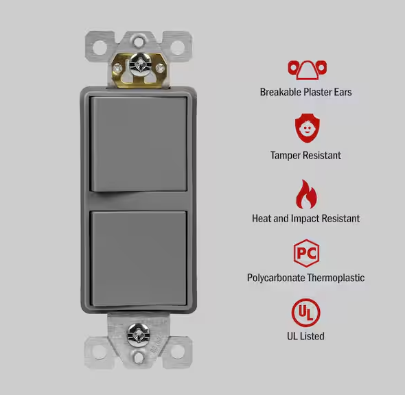 Two Single Pole Decora Switches Combination Device Glossy Gray Finish