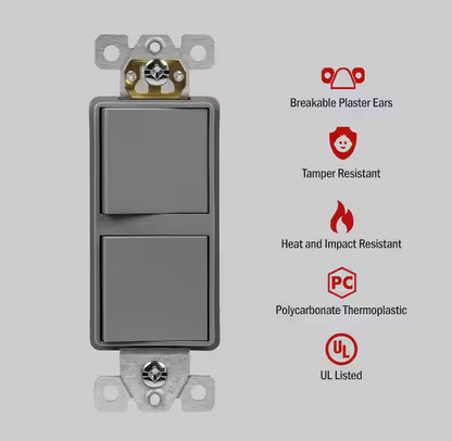 Two Single Pole Decora Switches Combination Device Glossy Gray Finish